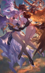 Rule 34 | absurdres, ass, azrael (granblue fantasy), breasts, brown eyes, brown hair, closed mouth, closed eyes, granblue fantasy, highres, holding hands, israfel (granblue fantasy), legs, long hair, purple hair, smile, swd3e2, very long hair, wings