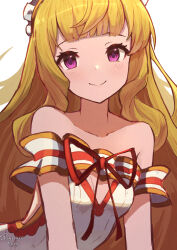 Rule 34 | 1girl, artist name, bare shoulders, blonde hair, blunt bangs, blush, breasts, cagliostro (granblue fantasy), cleavage, clothing cutout, commentary, curly hair, dress, english commentary, granblue fantasy, highres, long hair, looking at viewer, off-shoulder dress, off shoulder, official alternate costume, punished pigeon, purple eyes, red ribbon, ribbon, side cutout, sidelocks, signature, sleeveless, sleeveless dress, small breasts, smile, tiara, upper body, very long hair, white background