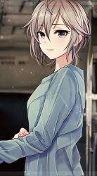 Rule 34 | 1girl, alternate costume, anastasia (idolmaster), blurry, blurry background, blush, breasts, grey hair, highres, idolmaster, idolmaster cinderella girls, light smile, long sleeves, looking at viewer, looking to the side, medium breasts, photo background, popon ta, short hair, solo