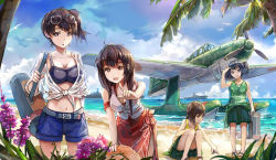 Rule 34 | 10s, 4girls, adapted costume, aircraft, airplane, akagi (kancolle), alternate costume, beach, blue eyes, blue hair, brown eyes, brown hair, casual, eyewear on head, hiryuu (kancolle), kaga (kancolle), kantai collection, long hair, multiple girls, personification, pointing, seaplane, shirt, short twintails, shorts, side ponytail, skirt, souryuu (kancolle), spark (sandro), sunglasses, swimsuit, tied shirt, twintails