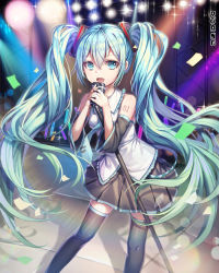 Rule 34 | 1girl, aqua eyes, aqua hair, detached sleeves, hatsune miku, long hair, microphone, microphone stand, music, necktie, open mouth, roang, singing, skirt, solo, thighhighs, twintails, very long hair, vocaloid