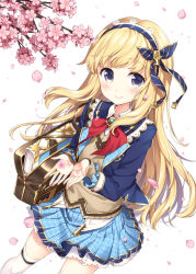 Rule 34 | 10s, 1girl, bag, blazer, blonde hair, blush, book, cagliostro (granblue fantasy), cagliostro (youthful uniform) (granblue fantasy), cherry blossoms, commentary request, granblue fantasy, hair ribbon, hairband, handbag, jacket, long hair, looking at viewer, masuishi kinoto, petals, pleated skirt, purple eyes, ribbon, school bag, school uniform, shima (shima je), simple background, skirt, smile, solo, sweater, thighhighs, tree, white background, white thighhighs