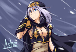 Rule 34 | 1girl, arm up, ashe (league of legends), blue eyes, breasts, cleavage, cleavage cutout, cloak, clothing cutout, collarbone, commentary request, expressionless, hair between eyes, hood, hooded cloak, large breasts, league of legends, looking to the side, nam (valckiry), short hair, sideboob, snowing, solo, upper body, white hair, wind