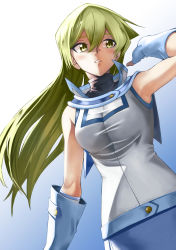 Rule 34 | 1girl, armpits, blue background, blue gloves, blue skirt, blush, dress shirt, duel academy uniform (yu-gi-oh! gx), elbow gloves, fingerless gloves, floating hair, gloves, gradient background, green eyes, green hair, highres, long hair, looking to the side, parted lips, pencil skirt, rourou ill, shirt, skirt, sleeveless, sleeveless shirt, solo, standing, tenjouin asuka, upper body, very long hair, white background, white shirt, yu-gi-oh!, yu-gi-oh! gx