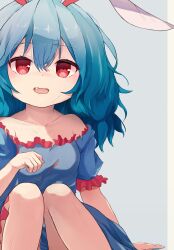 Rule 34 | 1girl, absurdres, animal ears, ar (maeus), blue dress, blue hair, blush, collarbone, dress, fang, frilled dress, frills, hair between eyes, highres, long hair, open mouth, rabbit ears, red eyes, seiran (touhou), short sleeves, solo, torn clothes, torn dress, touhou