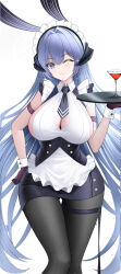 Rule 34 | 1girl, animal ears, apron, arm strap, azur lane, black gloves, black necktie, black pantyhose, blue eyes, blue hair, breasts, cleavage, cleavage cutout, clothing cutout, commentary request, fake animal ears, gloves, hand on own hip, highres, holding, holding tray, large breasts, long hair, looking at viewer, maid, maid apron, maid headdress, necktie, new jersey (azur lane), one eye closed, pantyhose, sideboob, solo, tina (tinafya), tray, uwu, very long hair, white background, wrist cuffs