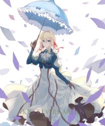 Rule 34 | 10s, 1girl, artist name, ascot, blonde hair, blue eyes, braid, brooch, character name, cropped jacket, hair ribbon, highres, holding, holding clothes, holding skirt, holding umbrella, jewelry, juliet sleeves, long hair, long sleeves, open mouth, parasol, puffy sleeves, ribbon, shiroki, skirt, solo, tears, umbrella, violet evergarden, violet evergarden (series)