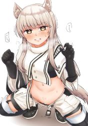 Rule 34 | arknights, bar censor, black footwear, black gloves, blunt bangs, blush, boots, bright pupils, censored, clenched teeth, cum, elbow gloves, garter straps, gloves, grey hair, highres, horse girl, horse tail, long hair, looking at viewer, motion lines, navel, onguuchi, open clothes, open fly, open shorts, platinum (arknights), pussy, revealing clothes, scowl, shorts, simple background, squatting, stomach, tail, teeth, thigh boots, trembling, v-shaped eyebrows, very long hair, white background, white shorts, yellow eyes
