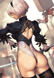 Rule 34 | 1girl, ass, back, black gloves, black thighhighs, blue eyes, breasts, feather-trimmed sleeves, gloves, grin, hairband, heattech leotard, highleg, highleg leotard, hungry clicker, juliet sleeves, katana, large breasts, leotard, long sleeves, nier:automata, nier (series), parted lips, pod (nier:automata), puffy sleeves, short hair, smile, sword, thighhighs, thighs, turtleneck, virtuous contract, weapon, white hair, white leotard, 2b (nier:automata)