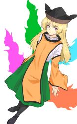 Rule 34 | 1girl, black footwear, blonde hair, commentary, full body, green skirt, hat, highres, kakone, long hair, long sleeves, looking at viewer, matara okina, one-hour drawing challenge, simple background, skirt, solo, tabard, touhou, tricorne, white background