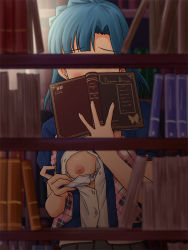 Rule 34 | 1girl, blue hair, blue sweater, blush, book, book stack, bookstore, bra, braid, buttons, commentary, convenient censoring, covering own mouth, embarrassed, exhibitionism, hand up, holding, holding book, idolmaster, idolmaster million live!, indoors, lielos, nanao yuriko, nipples, open clothes, open shirt, public indecency, shirt, shop, short hair, short sleeves, solo, sweater, underwear, upper body, white bra, white shirt