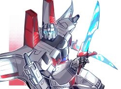 Rule 34 | blue eyes, decepticon, dual wielding, energy sword, glowing, glowing eyes, highres, holding, holding sword, holding weapon, mecha, mechanical wings, nasutetsu, no humans, robot, science fiction, starscream, starscream (shattered glass), sword, transformers, transformers shattered glass, weapon, wings