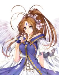 Rule 34 | 1girl, aa megami-sama, amayofuu, bare shoulders, belldandy, blue eyes, bracelet, breasts, brown hair, dress, facial mark, fingerless gloves, forehead mark, gloves, jewelry, long hair, looking at viewer, ponytail, ring, solo