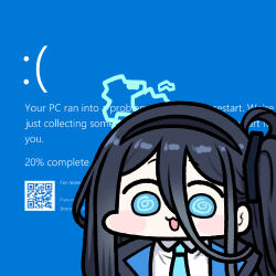 Rule 34 | 1girl, @ @, aris (blue archive), black hair, blue archive, blue jacket, blue necktie, blue screen of death, blush stickers, chibi, commentary, hair between eyes, halo, jacket, jazz jack, long bangs, long hair between eyes, lowres, necktie, one side up, open clothes, open jacket, pun, solo, upper body, wide face