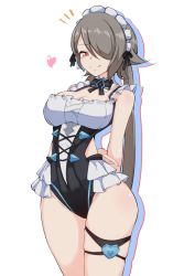 Rule 34 | 1girl, breasts, brown hair, chapa kari, cleavage, closed mouth, heart, honkai (series), honkai impact 3rd, long hair, looking at viewer, maid headdress, mole, mole under eye, one-piece swimsuit, purple eyes, rita rossweisse, rita rossweisse (phantom iron), simple background, smile, solo, swimsuit, thighs, twintails, white background