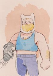 Rule 34 | 1boy, adventure time, aged up, arm hair, bara, beard, blonde hair, blue tank top, cropped legs, cropped shirt, denim, dibuu art, facial hair, finn the human, highres, jeans, looking at viewer, male focus, mature male, mechanical arms, midriff peek, muscular, muscular male, painterly, pants, pectoral cleavage, pectorals, red nose, short hair, single mechanical arm, smile, solo, tank top