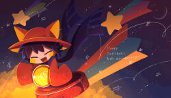 Rule 34 | 1other, absurdres, animal ears, animal hat, anniversary, blue hair, blue scarf, cat ears, cat hat, closed eyes, crescent moon, english text, falling star, fang, haippp, hat, highres, light bulb, long sleeves, moon, niko (oneshot), oneshot (game), open mouth, pentagram, rainbow, running, scarf, star (sky), star (symbol)