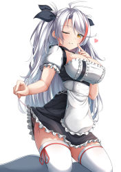 Rule 34 | 1girl, ;), absurdres, antenna hair, apron, azur lane, black dress, black ribbon, breasts, cleavage, commentary request, dress, feet out of frame, frilled apron, frilled dress, frills, hair between eyes, hair ribbon, hand up, highres, kneeling, large breasts, long hair, looking at viewer, mole, mole on breast, moyoron, multicolored hair, one eye closed, open mouth, orange eyes, panties, parted bangs, pink panties, prinz eugen (azur lane), red hair, ribbon, short sleeves, side-tie panties, smile, solo, streaked hair, thighhighs, two side up, underwear, unfinished, very long hair, waist apron, white apron, white hair, white thighhighs