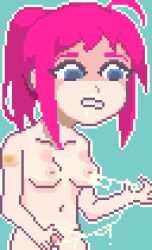 Rule 34 | blue eyes, breasts, disgust, pink hair, pixel art, pussy, pussy juice, pussy juice trail, sarah (spearited), spearited