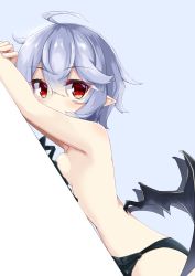 Rule 34 | 1girl, against wall, ahoge, akisome hatsuka, armpits, arms up, bikini, black bikini, black wings, blue background, blue hair, blush, breast press, breasts, commentary request, dutch angle, from side, hair between eyes, looking at viewer, looking to the side, low wings, pointy ears, red eyes, remilia scarlet, sideboob, simple background, small breasts, solo, swimsuit, touhou, untied bikini, wings