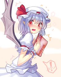 Rule 34 | !, 1girl, bat wings, blush, book, fang, female focus, flying sweatdrops, hat, pointy ears, pornography, red eyes, remilia scarlet, short hair, solo, spoken exclamation mark, touhou, walzrj, wings, wrist cuffs