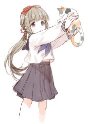 1girl, :o, animal, arms up, bad id, bad twitter id, bangs, black sailor collar, black skirt, blouse, blue neckerchief, bow, brown eyes, brown hair, calico, cat, cropped legs, eyebrows visible through hair, feet out of frame, floating hair, from side, grey eyes, grey hair, hair bow, hair ribbon, high-waist skirt, holding, holding animal, holding cat, idolmaster, idolmaster cinderella girls, long hair, long sleeves, looking away, looking up, low ponytail, midriff peek, neckerchief, outstretched arms, parted lips, pleated skirt, puffy long sleeves, puffy sleeves, red bow, red ribbon, ribbon, romi (346 ura), sailor collar, school uniform, serafuku, shirt, simple background, sketch, skirt, sleeve cuffs, standing, tareme, tassel, very long hair, white background, white shirt, yorita yoshino