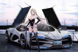 Rule 34 | 1girl, absurdres, alternate costume, azur lane, backless leotard, bare shoulders, belt, black choker, black footwear, black gloves, black leotard, blonde hair, blue eyes, boots, breasts, bridge, car, choker, cleavage, closed mouth, cloud, collarbone, commentary, elbow gloves, fingerless gloves, full body, gloves, grey belt, hand on own hip, high heel boots, high heels, highleg, highleg leotard, highres, holding, holding umbrella, kcar66t, kronshtadt (azur lane), lada (car), lada raven, large breasts, leotard, long hair, looking at viewer, low twintails, mole, mole on breast, motor vehicle, outdoors, parted bangs, race queen, riverbank, shadow, sidelocks, solo, sports car, standing, strapless, strapless leotard, thigh boots, twintails, umbrella, vehicle focus, very long hair