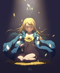 Rule 34 | 1girl, barefoot, blonde hair, breasts, coat, convenient censoring, dated, flower, long hair, looking at viewer, naked coat, navel, nude, original, petals, sitting, solo, sunflower, tennohi, wariza, yellow eyes