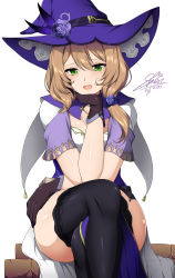 Rule 34 | 1girl, :d, black thighhighs, crossed legs, flower, genshin impact, gloves, green eyes, hat, highres, light brown hair, lisa (genshin impact), looking at viewer, open mouth, rose, sheita, short sleeves, side ponytail, simple background, sitting, smile, solo, thighhighs, thighs, white background, witch hat