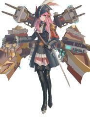 Rule 34 | absurdres, alternate costume, artist request, black gloves, blue eyes, boots, breasts, cannon, cross, full body, gloves, headphones, highres, iron cross, looking at viewer, medium hair, military, military uniform, pink hair, simple background, solo, sword, thigh boots, thighhighs, tirpitz (warship girls r), torpedo tubes, uniform, warship girls r, weapon, white background