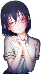 Rule 34 | 10s, 1girl, asobi asobase, bad id, bad pixiv id, black hair, black skirt, blush, breasts, brown eyes, closed mouth, collared shirt, glasses, head tilt, highres, large breasts, looking at viewer, necktie, nomura kasumi, own hands together, pleated skirt, semi-rimless eyewear, shirt, short sleeves, skirt, smile, solo, tsiox, under-rim eyewear, white background, white shirt, wing collar