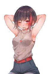 Rule 34 | 1girl, armpits, arms behind back, bang dream!, belt, black hair, blue shorts, breasts, commentary request, hair tie, hair tie in mouth, hands up, heart, heart necklace, high-waist shorts, looking at viewer, mamaloni, medium breasts, mitake ran, mouth hold, multicolored hair, necklace, one eye closed, red belt, red eyes, short hair, shorts, simple background, sitting, solo, streaked hair, sweat, white background