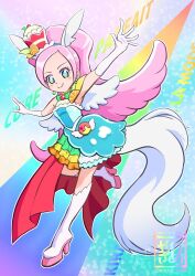 Rule 34 | 1girl, arm up, commentary, commentary request, cure parfait, dress, food, food-themed hair ornament, hair ornament, inuyagi akira, kirahoshi ciel, kirakira precure a la mode, long hair, multicolored clothes, outstretched arm, pink hair, precure, solo, tail, white tail