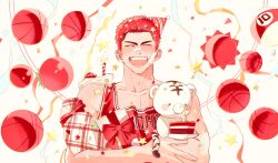 Rule 34 | 1boy, absurdres, ball, birthday, birthday cake, blush, cake, confetti, food, gift, hat, hechu 237, highres, holding, holding stuffed toy, male focus, muscular, muscular male, party hat, plate, red hair, red tank top, sakuragi hanamichi, short hair, slam dunk (series), smile, solo, streamers, stuffed animal, stuffed toy, tank top, teddy bear, upper body