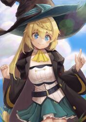 Rule 34 | 1girl, absurdres, aizawa azusa, ascot, belt, black hat, black robe, blonde hair, blue eyes, blue skirt, braid, breasts, closed mouth, cloud, cloudy sky, dress, eyebrows hidden by hair, feet out of frame, hair between eyes, hat, highres, juliet sleeves, kenlearnillust, large breasts, large hat, lens flare, long hair, long sleeves, looking ahead, pointing, pointing up, puffy sleeves, robe, skirt, sky, slime taoshite 300 nen shiranai uchi ni level max ni nattemashita, smile, solo, strapless, strapless dress, very long hair, white dress, witch, witch hat, yellow ascot
