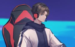 Rule 34 | 1boy, artem wing (tears of themis), blue eyes, brown hair, chair, closed mouth, fengtu ad, gaming chair, headphones, highres, jacket, jersey, long sleeves, short hair, sitting, solo, swivel chair, tears of themis, white jacket