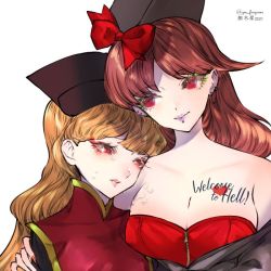 Rule 34 | 2girls, alternate costume, artist name, black shirt, blonde hair, bow, breast tattoo, breasts, brown hair, cleavage, cropped torso, crying, dated, dress, ear piercing, earrings, gin fragrans, hand on another&#039;s shoulder, hat, hat bow, hecatia lapislazuli, jewelry, junko (touhou), lip piercing, lipstick, long hair, looking at another, makeup, multiple girls, off shoulder, parted bangs, piercing, red bow, red dress, red eyes, shirt, stud earrings, tattoo, tears, touhou, twitter username, zipper