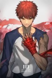 Rule 34 | 1boy, absurdres, bandaged hand, closed mouth, collarbone, commentary request, emiya shirou, fate/stay night, fate (series), heaven&#039;s feel, highres, kamonegi (meisou1998), long sleeves, looking at viewer, male focus, muscular, raglan sleeves, red hair, serious, shirt, short hair, single bare shoulder, solo, torn clothes, upper body, yellow eyes