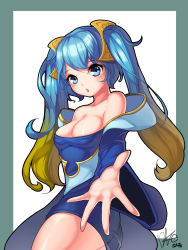 Rule 34 | 1girl, :o, absurdres, bad id, bad pixiv id, bare shoulders, blonde hair, blue eyes, blue hair, blush, breasts, cleavage, dduck kong, gradient hair, highres, league of legends, long hair, looking at viewer, multicolored hair, open mouth, outstretched arm, solo, sona (league of legends)