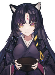 Rule 34 | 1girl, absurdres, animal ears, arknights, black hair, black kimono, bowl, chinese commentary, commentary request, dog ears, facial mark, fanshu, forehead mark, highres, holding, holding bowl, japanese clothes, kimono, long hair, long sleeves, looking at viewer, saga (arknights), simple background, solo, upper body, white background, yellow eyes