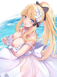 Rule 34 | 1girl, ass, bare shoulders, black bow, blonde hair, blue eyes, blush, bow, breasts, breasts out, collarbone, dress, duplicate, elf, hair bow, high ponytail, highres, konka, large breasts, long hair, looking at viewer, nipples, pixel-perfect duplicate, pointy ears, princess connect!, saren (princess connect!), see-through, sidelocks, smile, solo, white dress