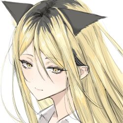 Rule 34 | 1girl, animal ear fluff, animal ears, black hair, blonde hair, blush, cat ears, cat girl, closed mouth, collared shirt, commentary request, daydreamer023, extra ears, genderswap, genderswap (mtf), haikyuu!!, kemonomimi mode, kozume kenma, light smile, long hair, looking at viewer, multicolored hair, portrait, shirt, sidelocks, simple background, smile, solo, two-tone hair, white background, white shirt, yellow eyes