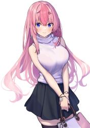Rule 34 | 1girl, absurdres, baffu, bag, bare shoulders, black thighhighs, blue eyes, blush, bra visible through clothes, breasts, closed mouth, hair between eyes, handbag, highres, holding, holding bag, large breasts, long hair, looking at viewer, original, own hands together, pink hair, simple background, skirt, smile, solo, standing, thighhighs, turtleneck, virtual youtuber, watch, white background, zettai ryouiki