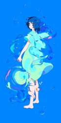 Rule 34 | 1girl, barefoot, blue background, blue eyes, blue hair, blue theme, bubble, dress, floating clothes, from behind, full body, highres, looking at viewer, looking back, medium hair, original, parted lips, qqmng, refraction, short sleeves, simple background, solo, standing, water, white dress