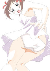 Rule 34 | 1girl, amami haruka, ass, blush, brown hair, cowboy shot, crotch seam, dress, embarrassed, from behind, green eyes, hair ribbon, idolmaster, idolmaster (classic), lace, lace-trimmed panties, lace trim, looking at viewer, looking back, open mouth, panties, ribbon, short hair, sketch, solo, sundress, sunsun69, underwear, upskirt, white background, white dress, white panties
