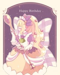 Rule 34 | 1girl, blonde hair, blunt bangs, blush, bridal gauntlets, closed eyes, commentary, cure finale, cure finale (children&#039;s lunch), delicious party precure, gloves, happy birthday, huge bow, kasai amane, long hair, magical girl, maid headdress, precure, smile, solo, spoon, white gloves, wide ponytail
