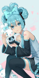 Rule 34 | &gt; o, 1girl, ;d, anko kinako, bare shoulders, black skirt, black sleeves, black thighhighs, blue background, blue bow, blue eyes, blue hair, blue nails, blue necktie, bow, breasts, cinnamiku, cinnamoroll, closed mouth, collared shirt, commentary request, crossover, detached sleeves, ear bow, feet out of frame, hair between eyes, hair bow, hatsune miku, heart, highres, knees together feet apart, long sleeves, looking at viewer, nail polish, necktie, one eye closed, open mouth, pleated skirt, sanrio, shirt, skirt, sleeveless, sleeveless shirt, small breasts, smile, thighhighs, updo, vocaloid, white shirt, wide sleeves
