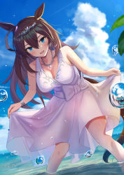 Rule 34 | 1girl, animal ears, bare arms, blue eyes, breasts, brown hair, cleavage, clothes lift, cloud, commentary request, day, dress, dress lift, dutch angle, hair between eyes, highres, horizon, horse ears, horse girl, horse tail, jewelry, large breasts, leaning forward, lens flare, lifting own clothes, long hair, looking at viewer, may9, mihono bourbon (umamusume), necklace, ocean, outdoors, sky, smile, solo, summer, sundress, tail, tiara, umamusume, wading, water drop, white dress