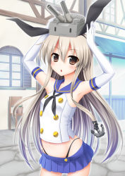 Rule 34 | 10s, 1girl, :3, :o, anchor hair ornament, armpits, arms up, blue skirt, brown eyes, brown hair, elbow gloves, gloves, hair ornament, hairband, kantai collection, long hair, looking at viewer, personification, pochadon, rensouhou-chan, shimakaze (kancolle), skirt, white gloves