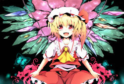 Rule 34 | 1girl, ascot, blonde hair, bug, butterfly, female focus, flandre scarlet, flower, gradient hair, hat, hat ribbon, bug, madara, madara hio, multicolored hair, open mouth, red eyes, ribbon, skirt, smile, solo, touhou, wings